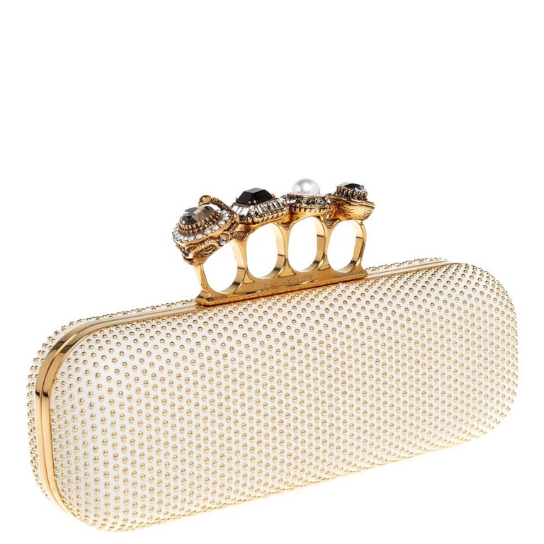 Alexander McQueen White Leather Studded Four Ring Knuckle Clutch