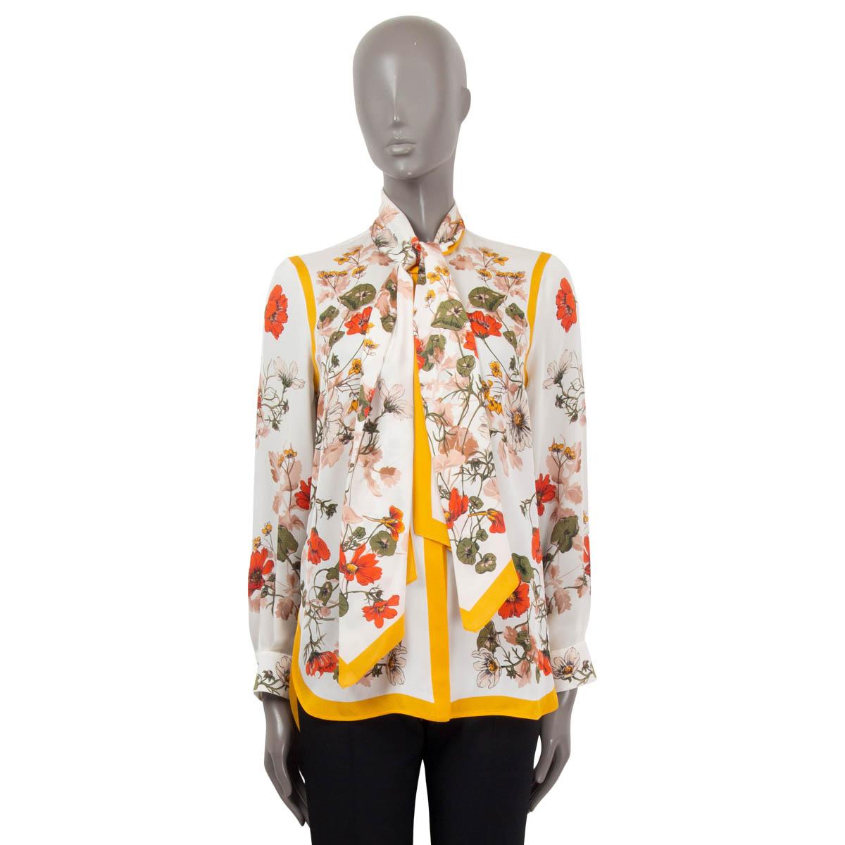 White ALEXANDER MCQUEEN white & multi silk FLORAL PUSSY BOW Blouse Shirt 38 XS For Sale