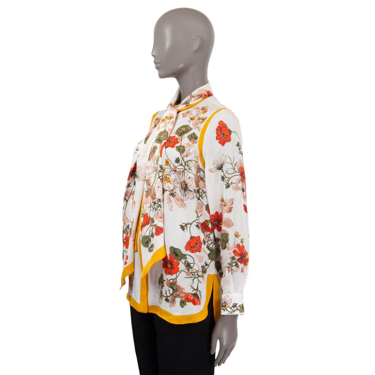 ALEXANDER MCQUEEN white & multi silk FLORAL PUSSY BOW Blouse Shirt 38 XS In Excellent Condition For Sale In Zürich, CH