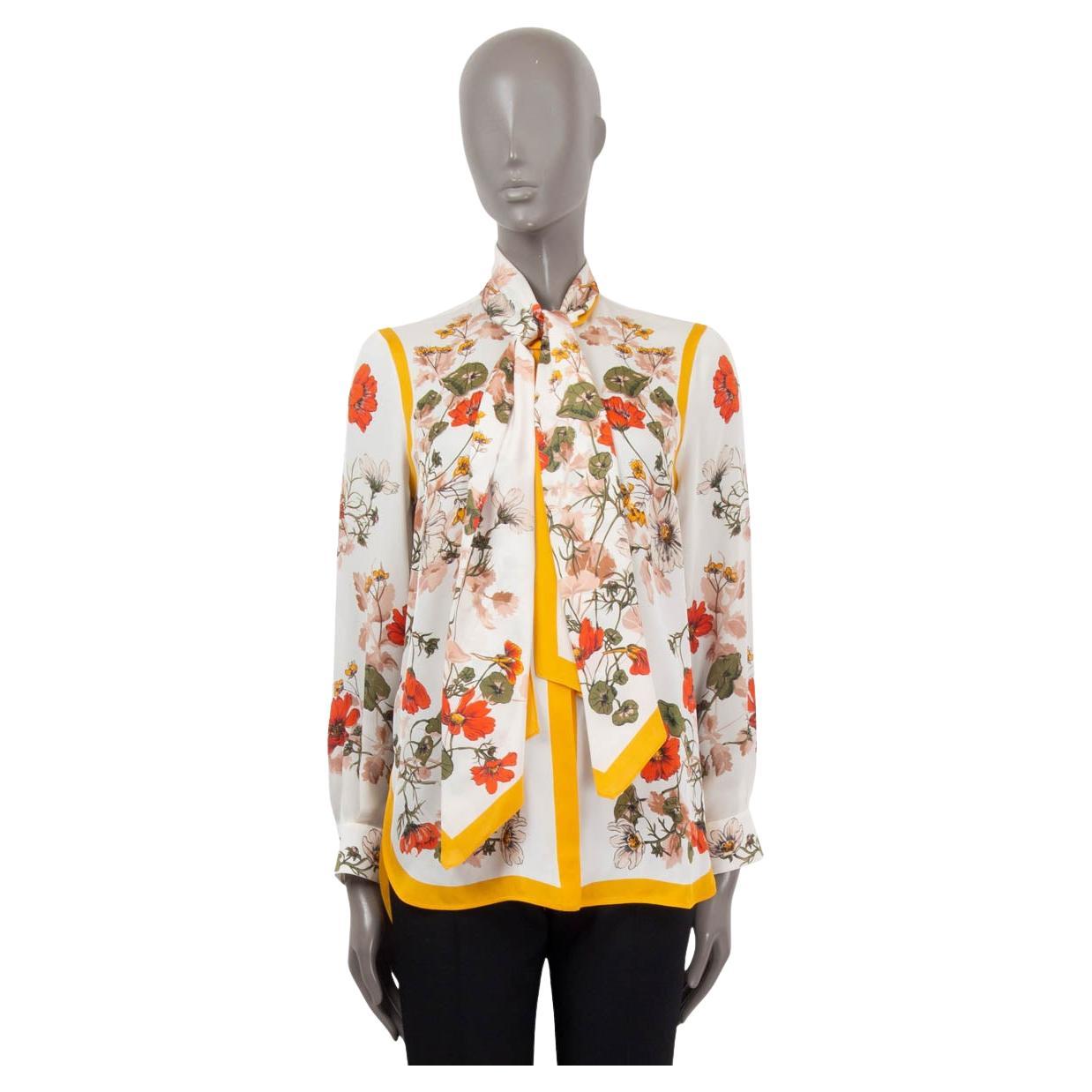 ALEXANDER MCQUEEN white & multi silk FLORAL PUSSY BOW Blouse Shirt 38 XS For Sale