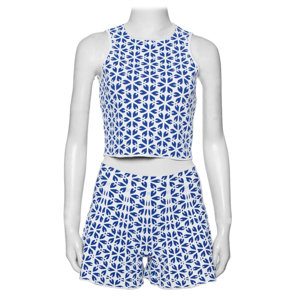 Alexander McQueen White & Navy Blue Floral Jacquard Crop Top and Short Set S