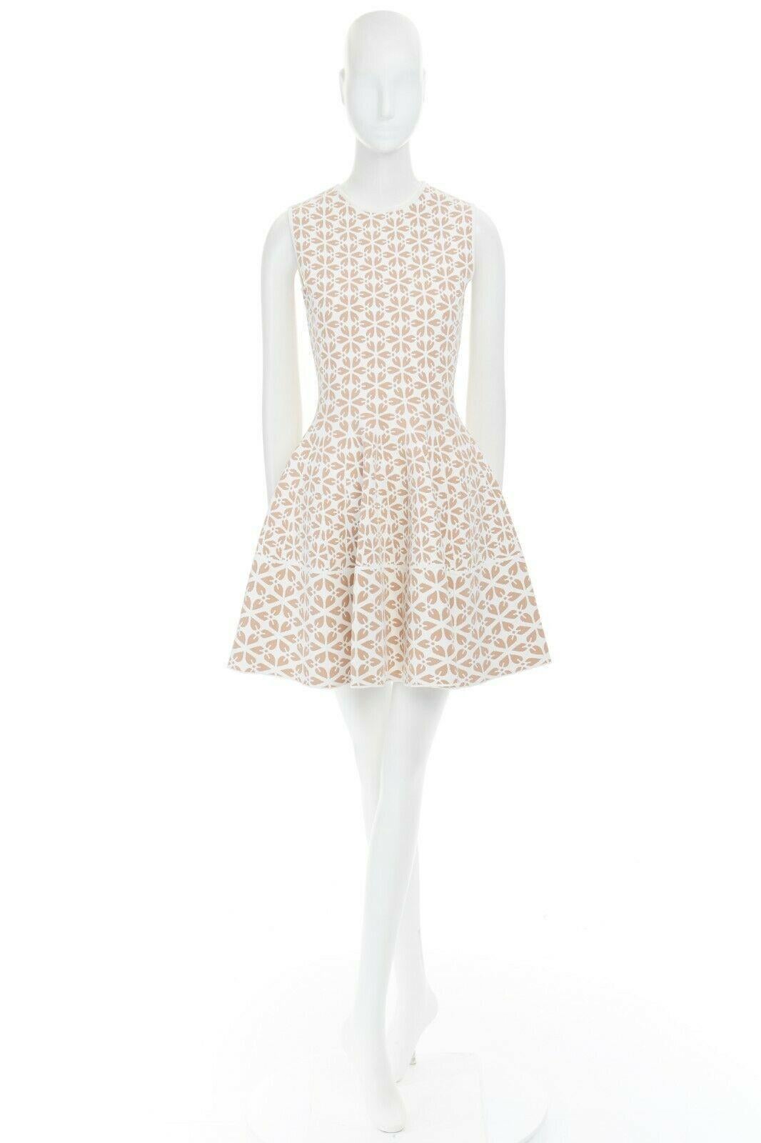 White ALEXANDER MCQUEEN white nude geomtric leaf pattern jacquard fit flare dress M