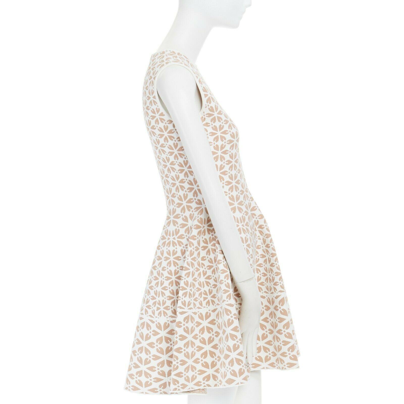 Women's ALEXANDER MCQUEEN white nude geomtric leaf pattern jacquard fit flare dress M