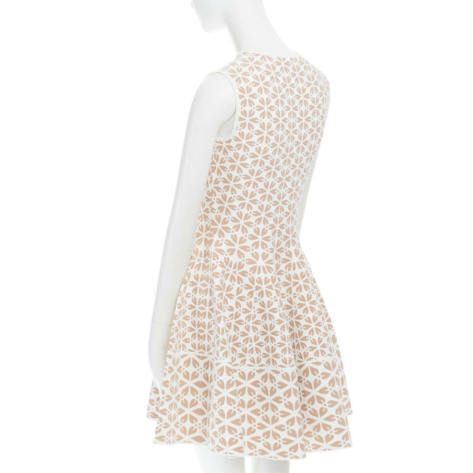 ALEXANDER MCQUEEN white nude geomtric leaf pattern jacquard fit flare dress M 1