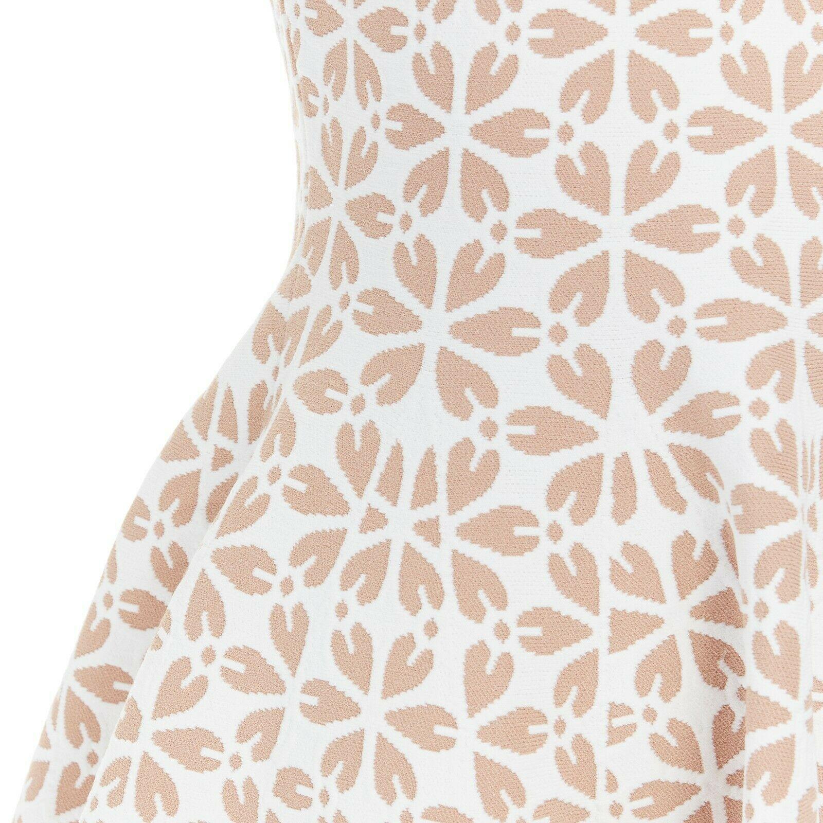 ALEXANDER MCQUEEN white nude geomtric leaf pattern jacquard fit flare dress M 4