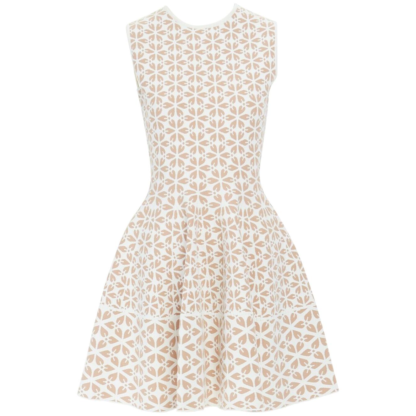 ALEXANDER MCQUEEN white nude geomtric leaf pattern jacquard fit flare dress M