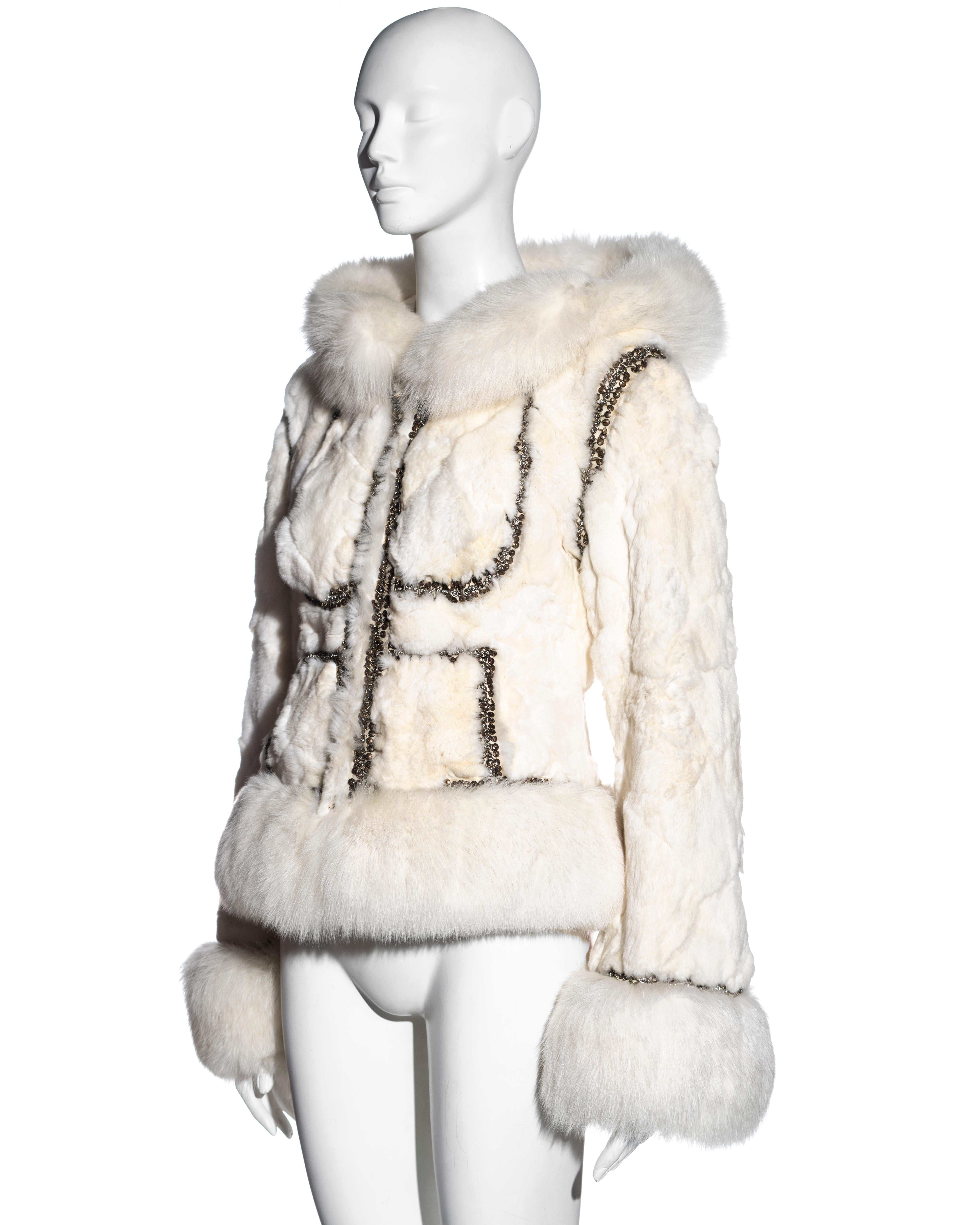 Alexander McQueen white patchwork rabbit and fox fur embroidered jacket, fw 2003 In Excellent Condition For Sale In London, GB