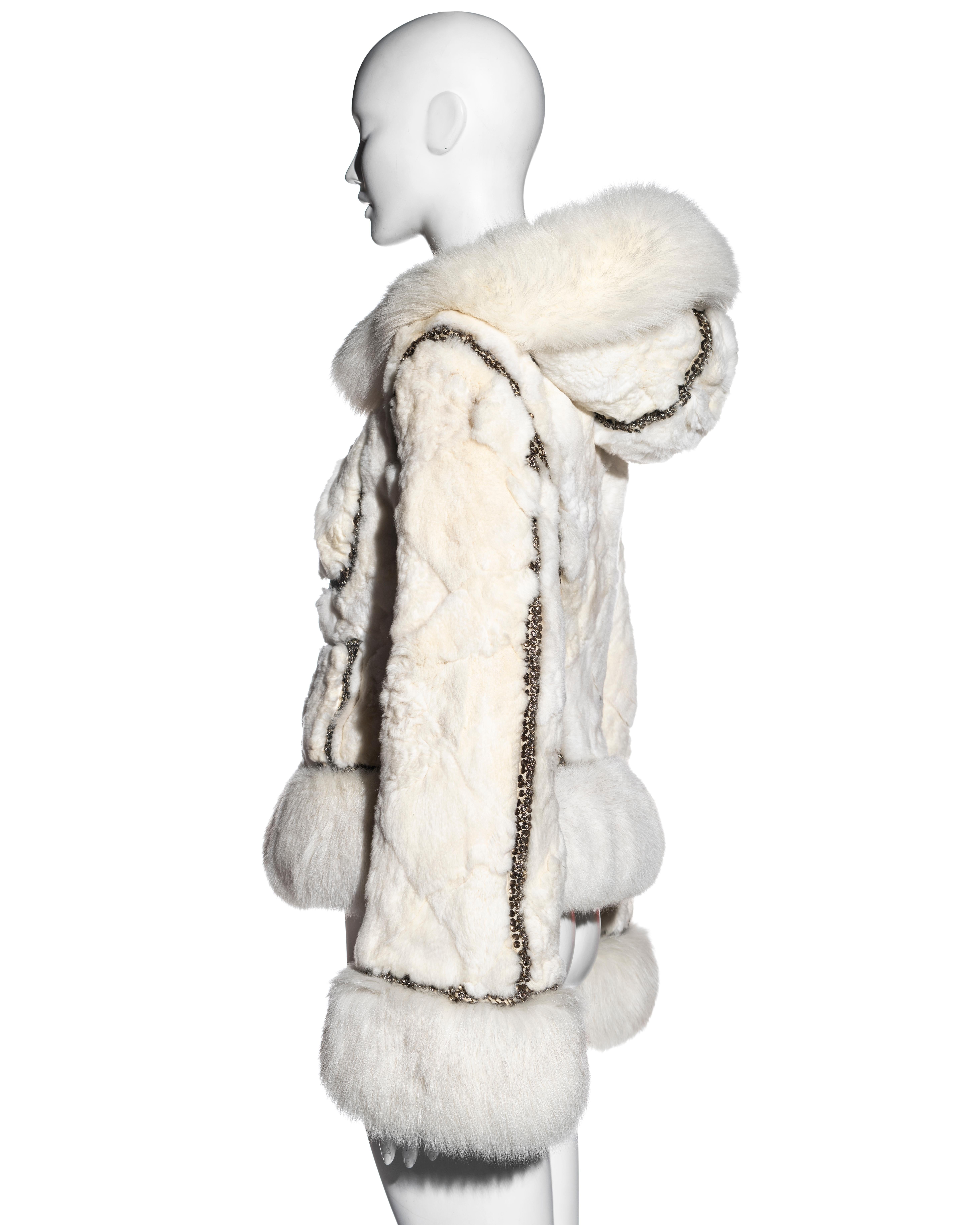 Women's Alexander McQueen white patchwork rabbit and fox fur embroidered jacket, fw 2003 For Sale