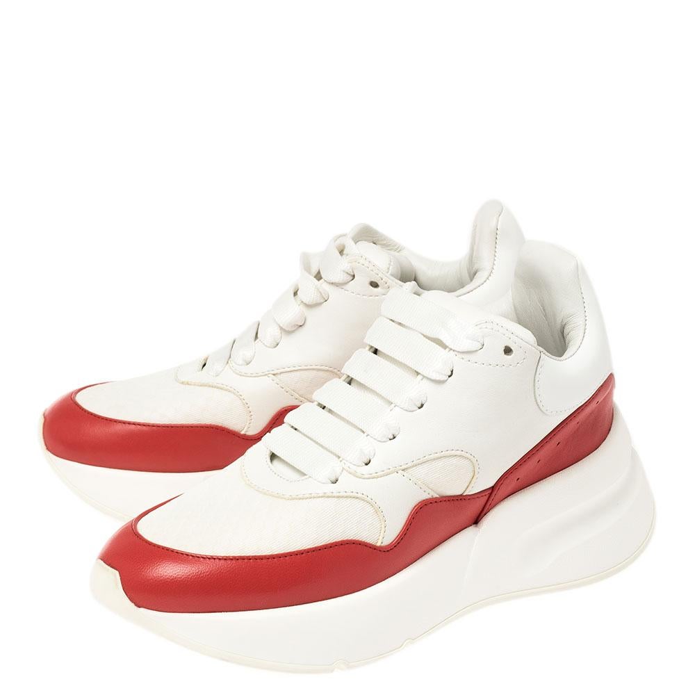 Alexander McQueen White/Red Leather and Fabric Oversized Runner Low Top Size 35 2