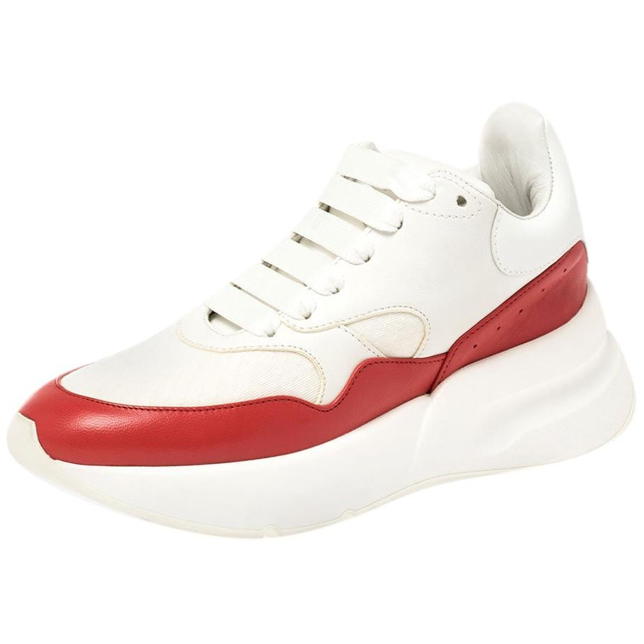 Alexander McQueen White/Red Leather and Fabric Oversized Runner Low Top Size 35