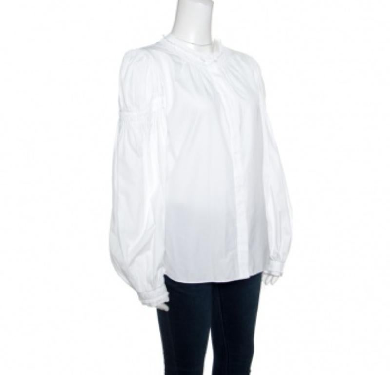 Gris Alexander McQueen, chemisier blanc à manches longues à volants et bordure froncée M en vente