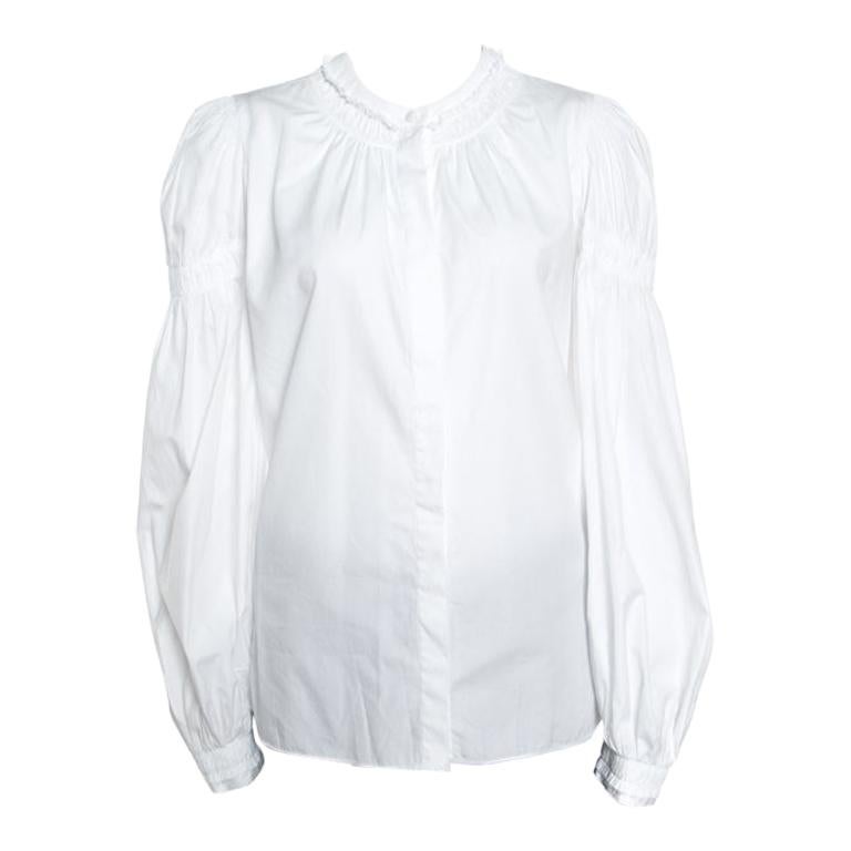 Alexander McQueen White Ruffled Gathered Trim Detail Long Sleeve Blouse M For Sale