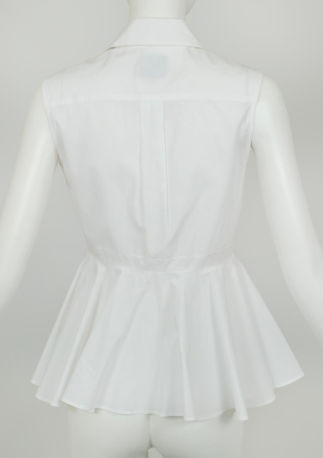 Alexander McQueen White Sleeveless Button Front Peplum Shirt, Orig Tag– XS, 2018 In Excellent Condition For Sale In Tucson, AZ