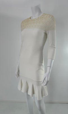 Alexander McQueen White Stretch Knit Pearl Sewn Bodice Flair Hem Body Con Dress