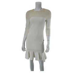 Alexander McQueen White Stretch Knit Pearl Sewn Bodice Flair Hem Body Con Dress