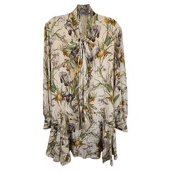 Alexander McQueen Wild Iris Print Long Sleeve Neck-Tie Mini Dress in Floral Print Silk