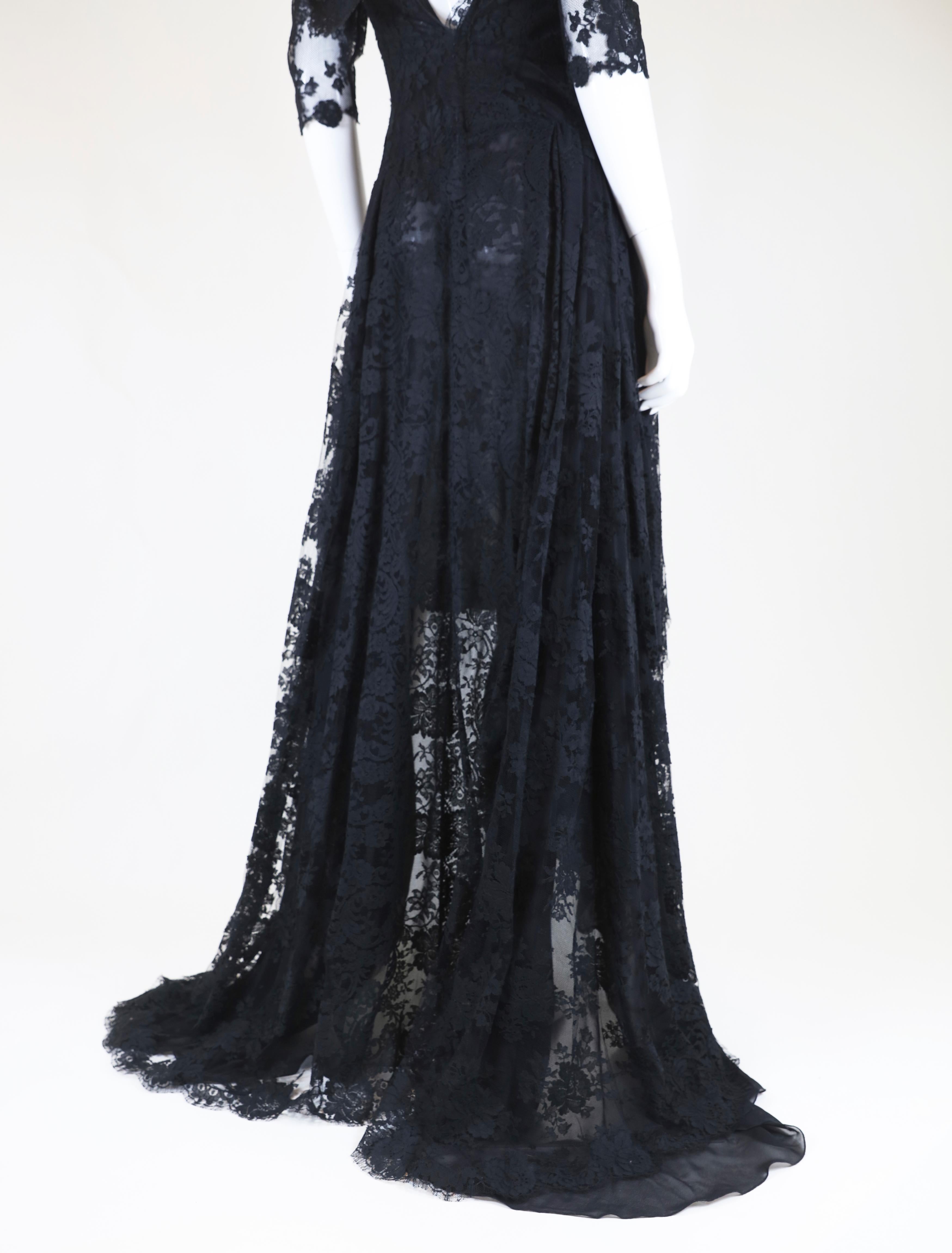 Alexander McQueen Women's Black Lace Long Sleeve Sheer Gown In Excellent Condition In Bridgehampton, NY