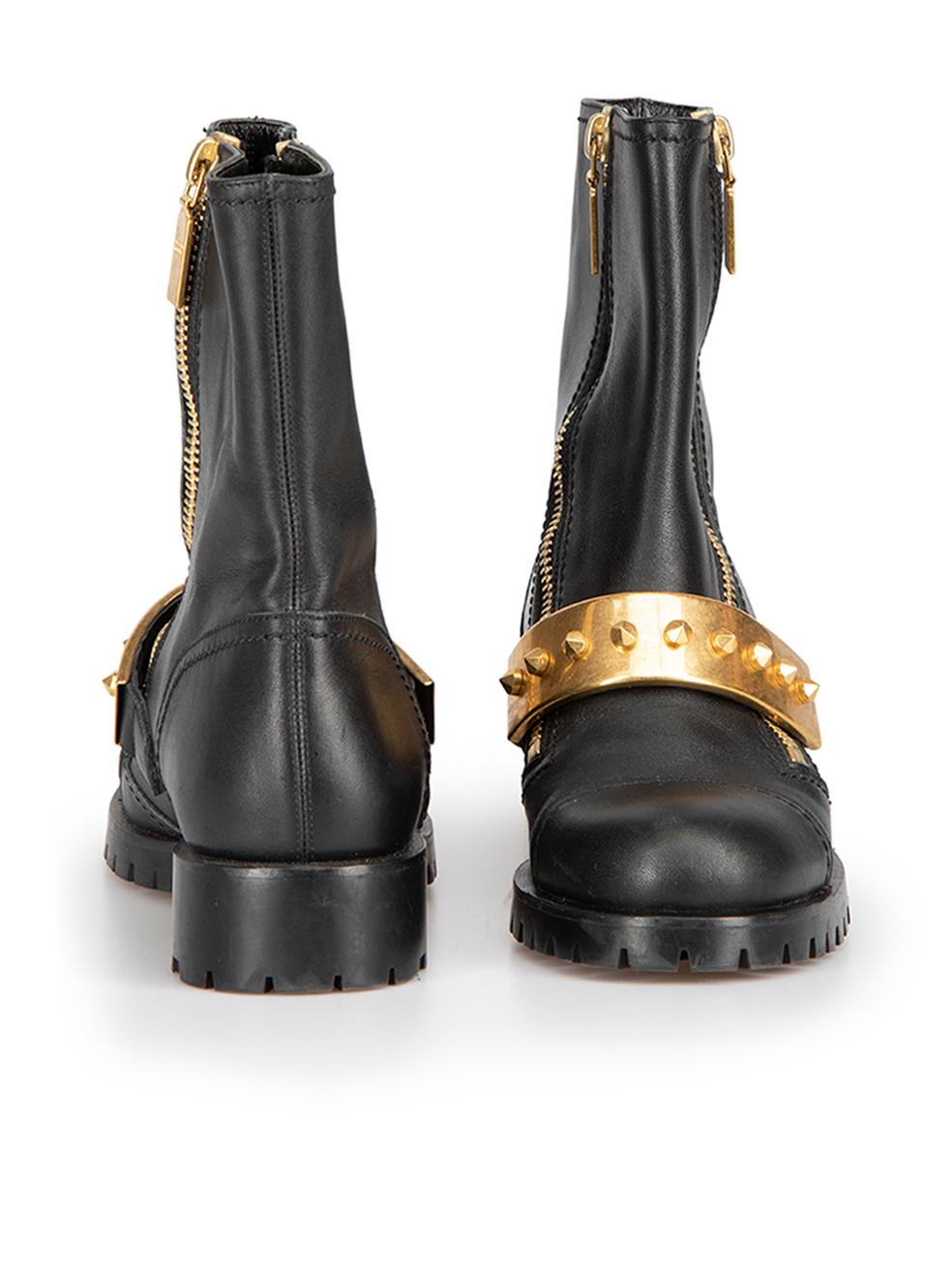 Alexander McQueen Women's Black Leather Gold Studded Combat Boots In Good Condition In London, GB