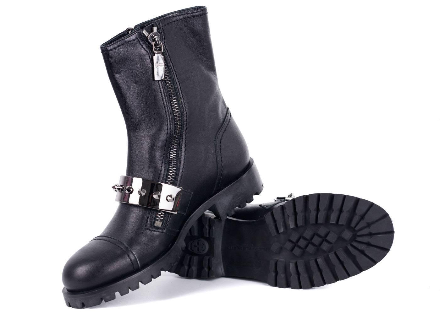 Alexander McQueen Womens Black Metal Strap Combat Boots For Sale 1