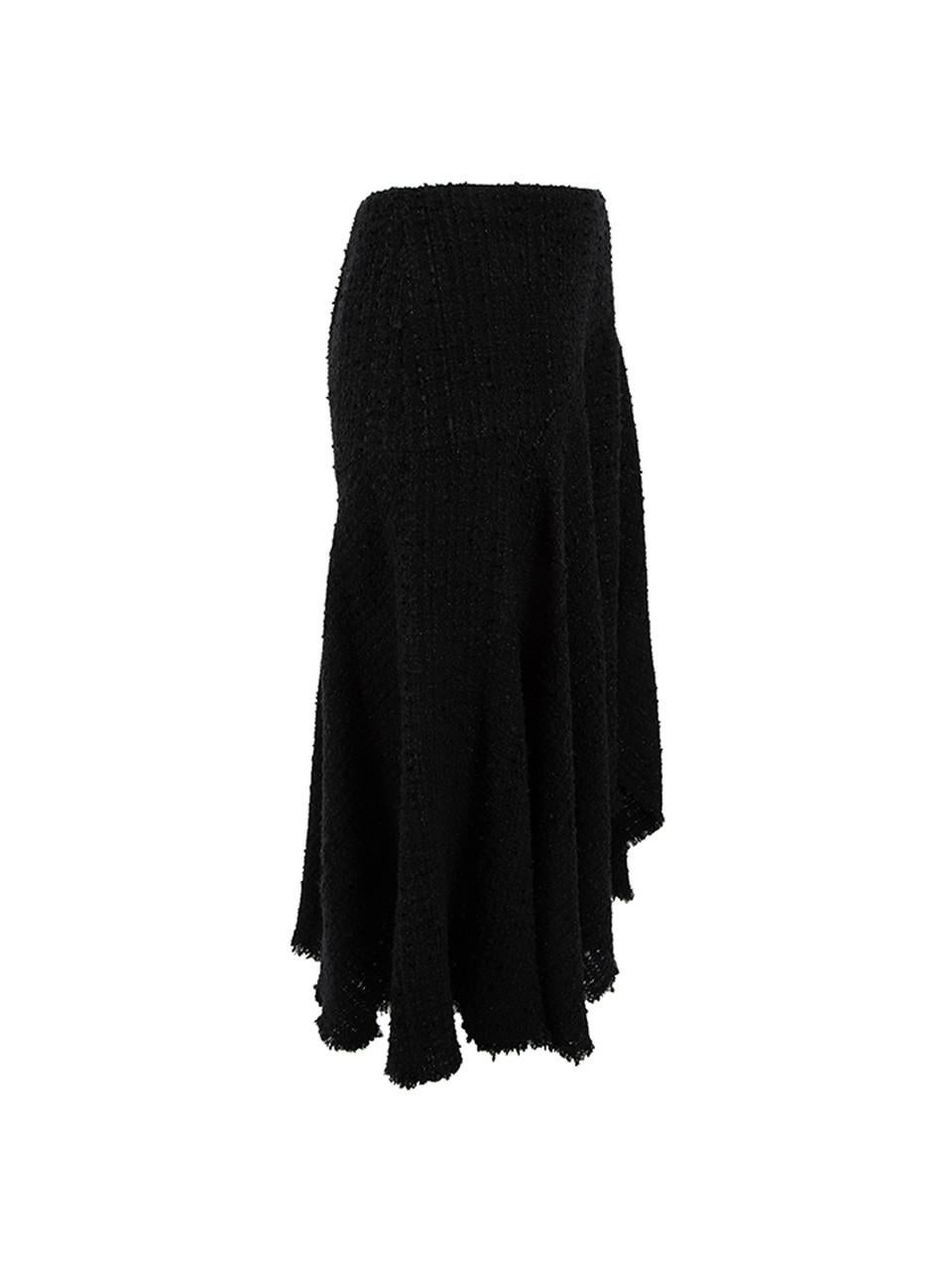 CONDITION is Very good. Minimal wear to skirt is evident. Minimal wear to the frayed edges at the bottom of skirt on this used Alexander McQueen designer resale item.   Details  Black Tweed Midi skirt Metallic threading Asymmetric hemline Back zip