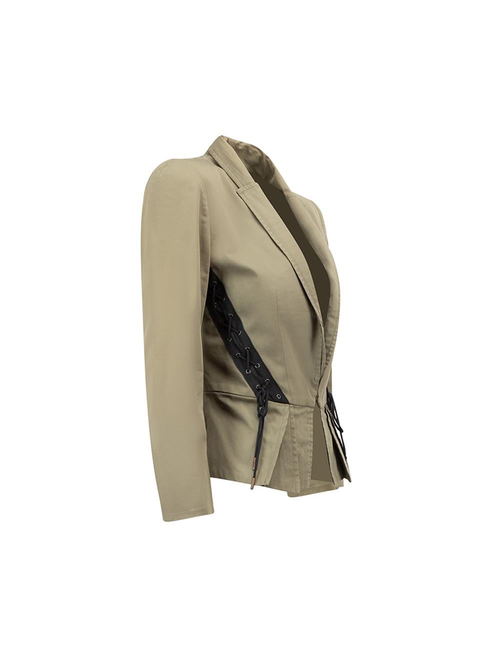 CONDITION is Very good. Minimal visible wear to jacket is evident. Minimal wear and pilling to underarms on this used McQ designer resale item. 
 
 Details
  Khaki
 Cotton
 Fitted jacket
 Front hook and eye closure
 Lac up detail on front
 Slits on