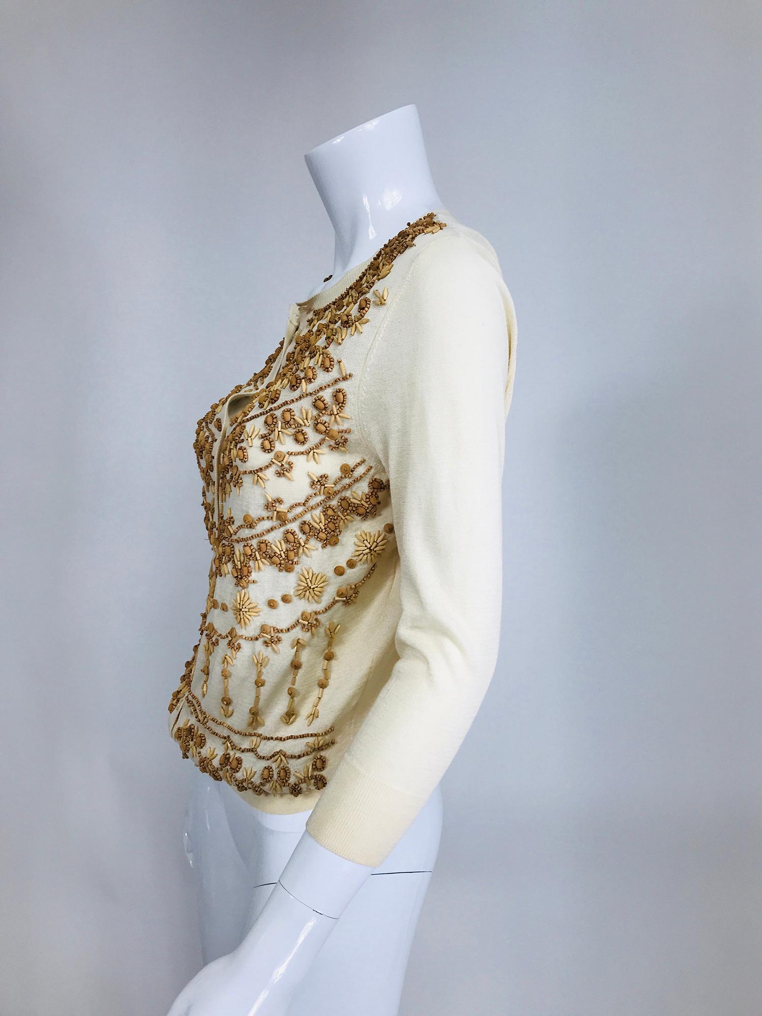 Beige Alexander McQueen Wooden Beaded Cream Cotton/Silk Cardigan Sweater For Sale