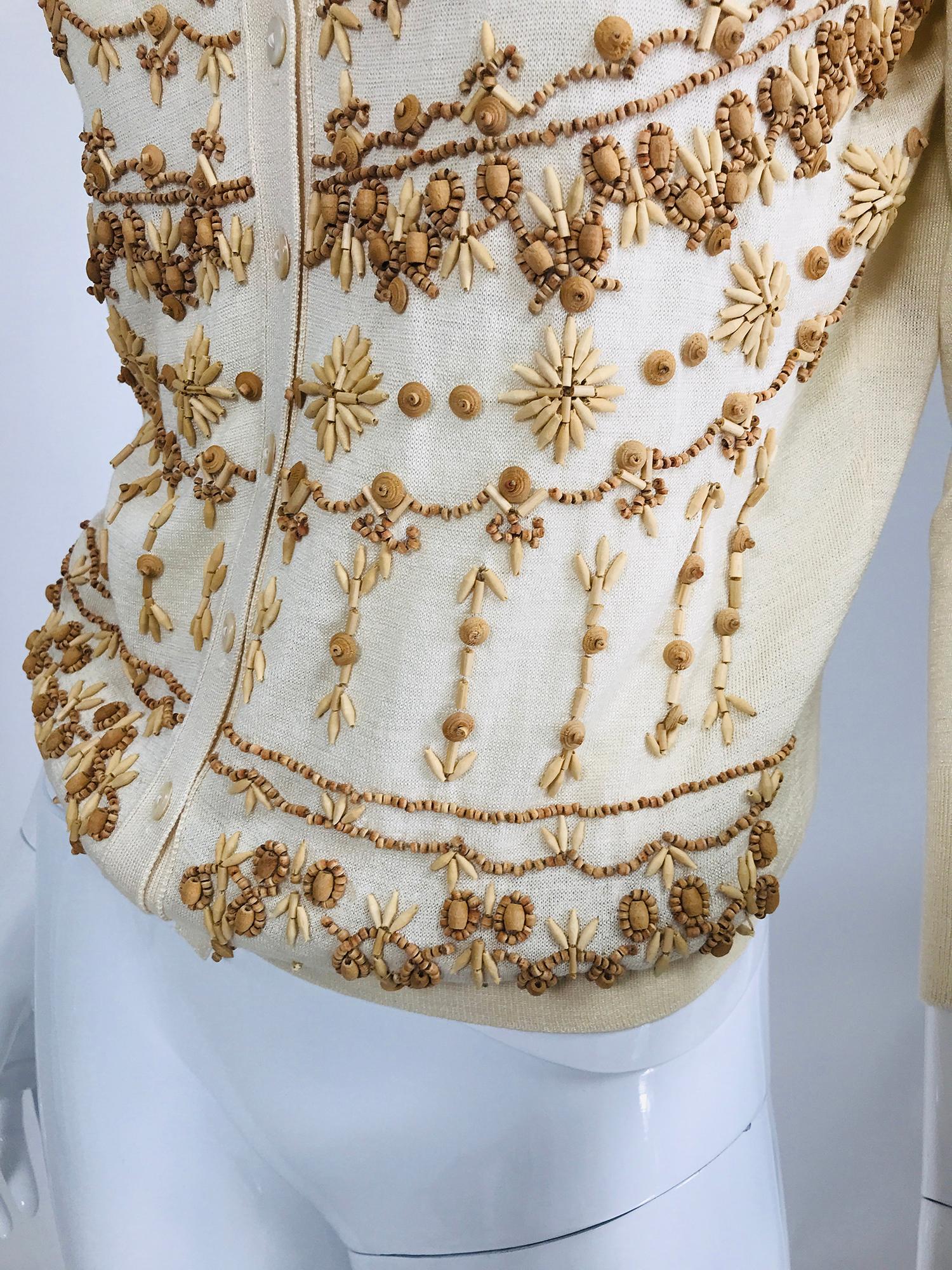 Alexander McQueen Wooden Beaded Cream Cotton/Silk Cardigan Sweater In Excellent Condition For Sale In West Palm Beach, FL