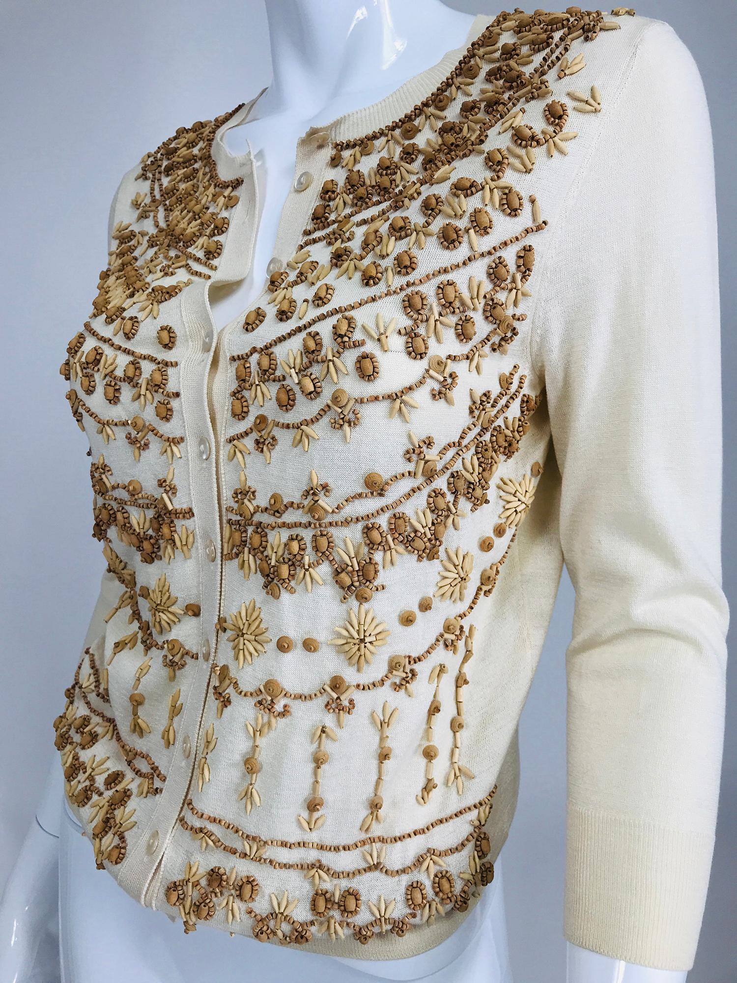 Women's Alexander McQueen Wooden Beaded Cream Cotton/Silk Cardigan Sweater For Sale