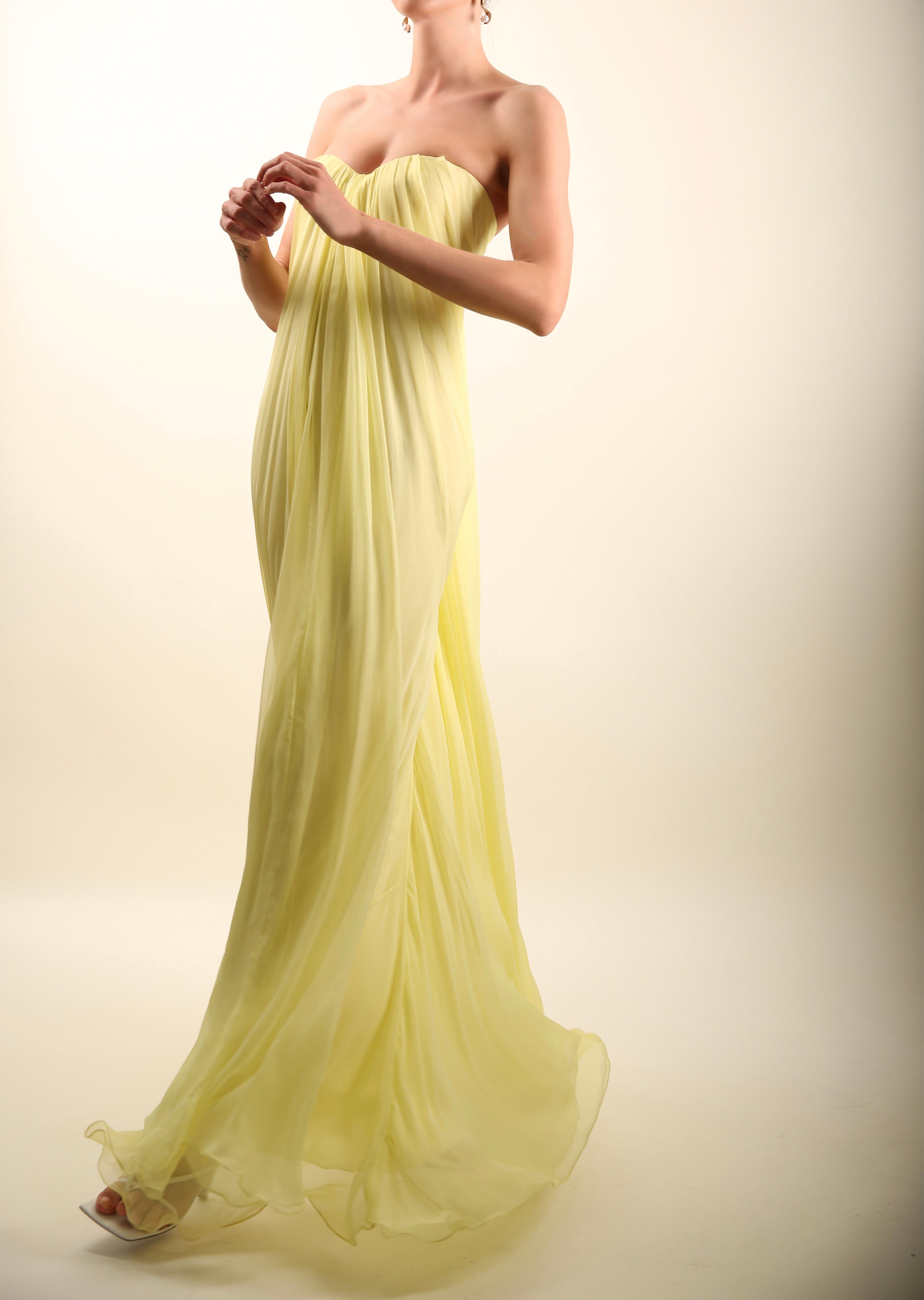 Yellow Alexander McQueen yellow strapless bustier silk flowing layered maxi dress