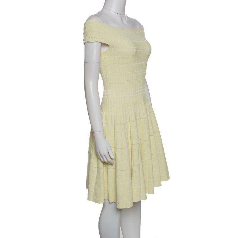 Beige Alexander McQueen Yellow Stretch Perforated Knit Fit and Flare Dress M