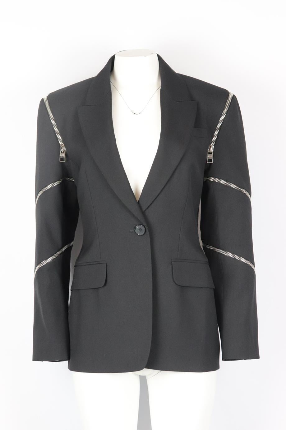 Alexander McQueen zip detailed wool blazer. Black. Long sleeve, v-neck. Button fastening at front. 100% Wool; lining: 100% viscose. Size: IT 48 (UK 16, US 12, FR 44). Shoulder to shoulder: 17.5 in. Bust: 34 in. Waist: 34 in. Hips: 40 in. Length: 28