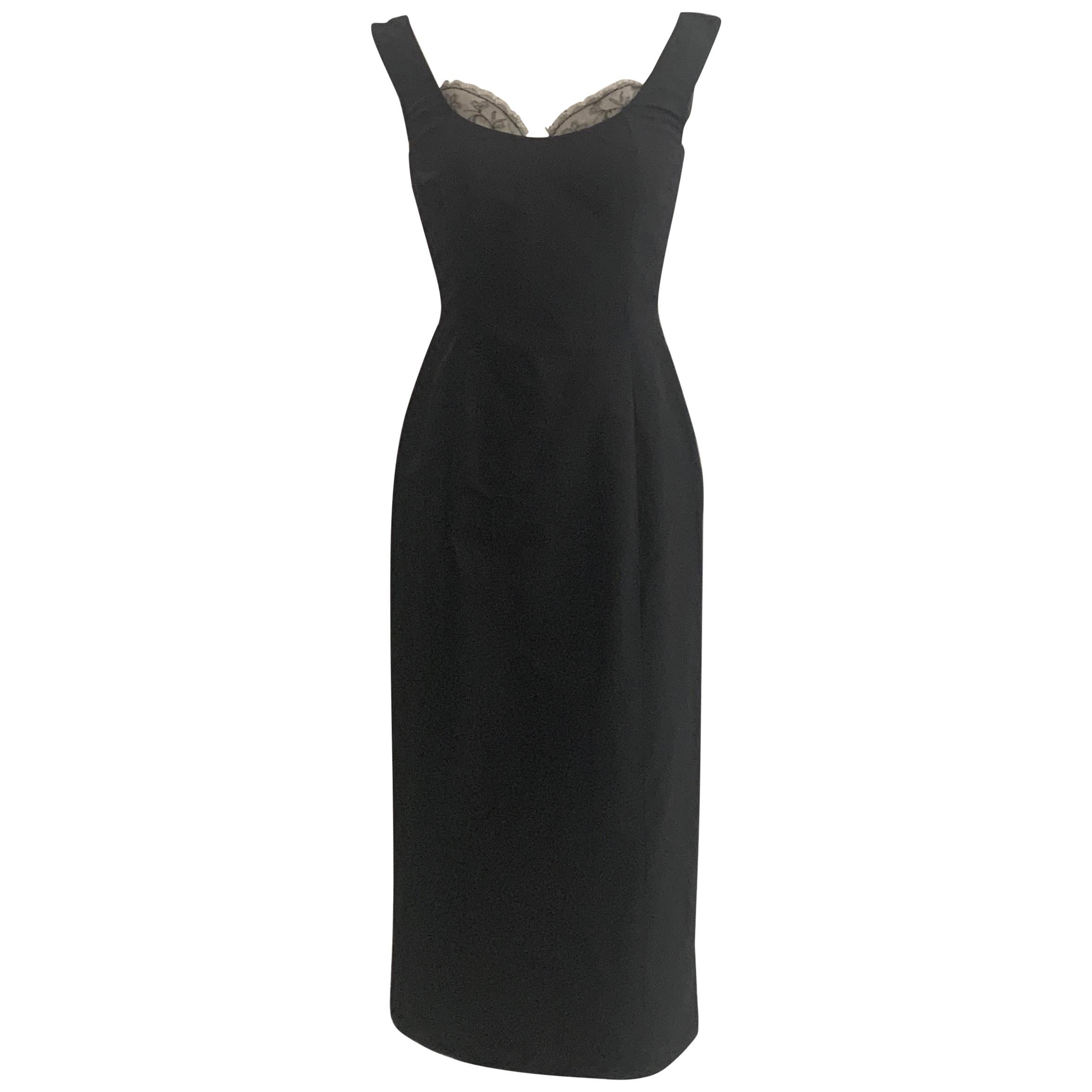 Alexander McQueen 2005 Black Silk Sleeveless Midi Cocktail Dress with Lace Trim For Sale