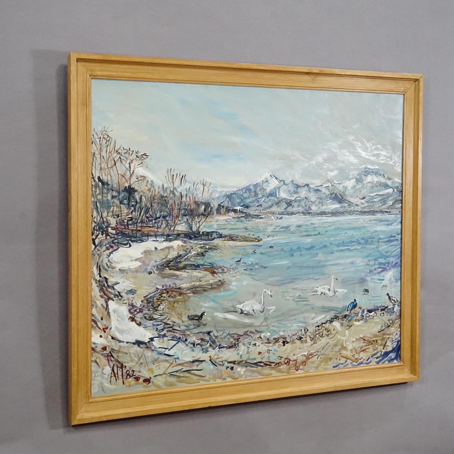 Alexander Michael - Lake Chiemsee in Bavaria Oil on Canvas 1982

A framed oil painting depicting the view to the Lake Chiemsee from Chieming, Bavaria. Snow-covered Alpine foothills rise in the background. The artwork is painted with oil on canvas in