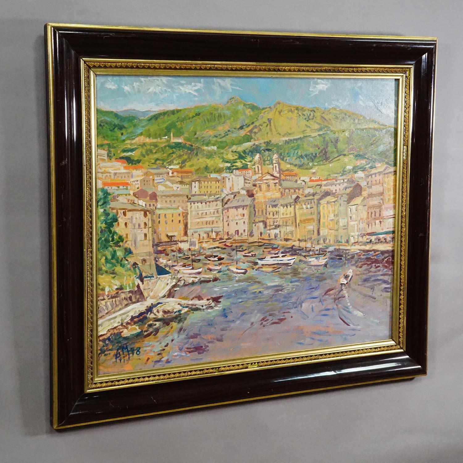 Alexander Michael Pittura ad olio - Bastia, Corsica, 1978

Questo espressivo dipinto a olio del 1978 cattura la vivace città portuale mediterranea di Bastia, situata nel nord della Corsica. Al centro del dipinto c'è un folto gruppo di edifici color