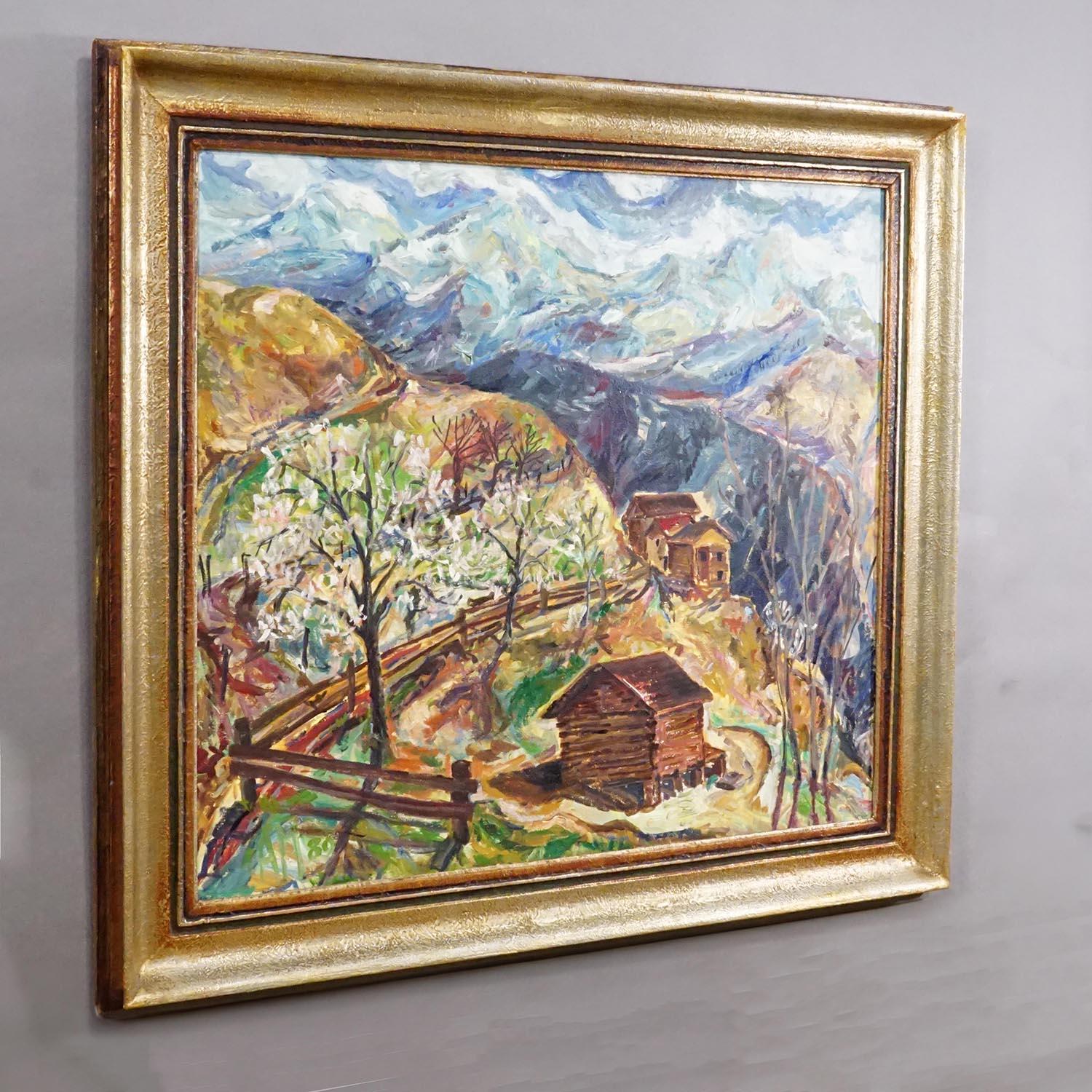 Alexander Michael Oil Painting – Mountain Huts, 1980

This vibrant oil painting from 1980 captures a serene Alpine spring landscape. Several rustic mountain huts stand in the foreground, their dark wood contrasting with the sunlit hillside.