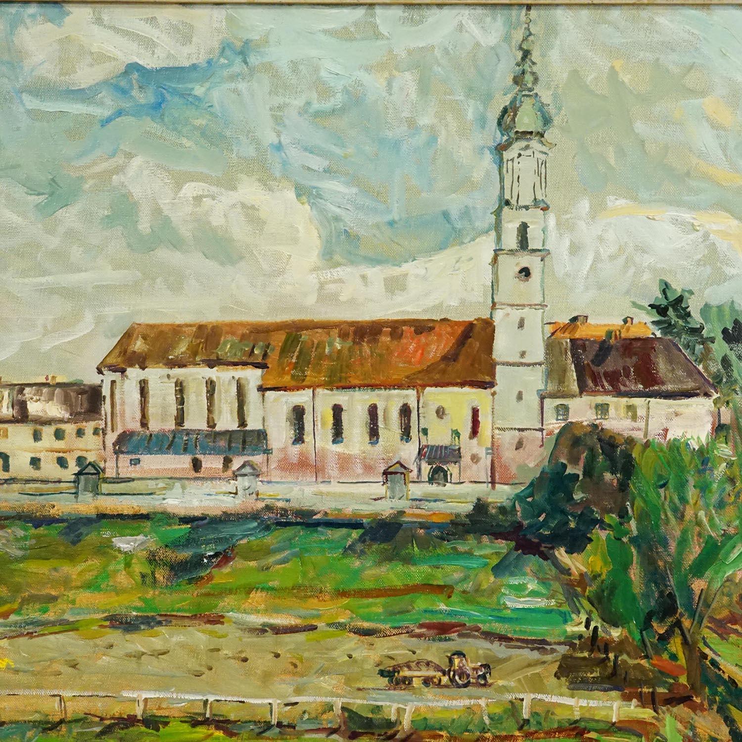 Alexander Michael Pittura a olio - Neumarkt St. Veit, 1978

Questo dipinto a olio del 1978 presenta un'affascinante veduta della piccola città bavarese di Neumarkt-Sankt Veit. L'importante chiesa con la sua torre a cupola a cipolla domina il centro,