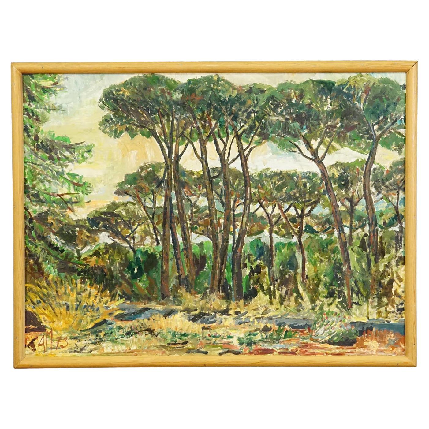 Alexander Michael Peinture à l'huile d'une pinède près d'Ostie, Italie 1973 en vente