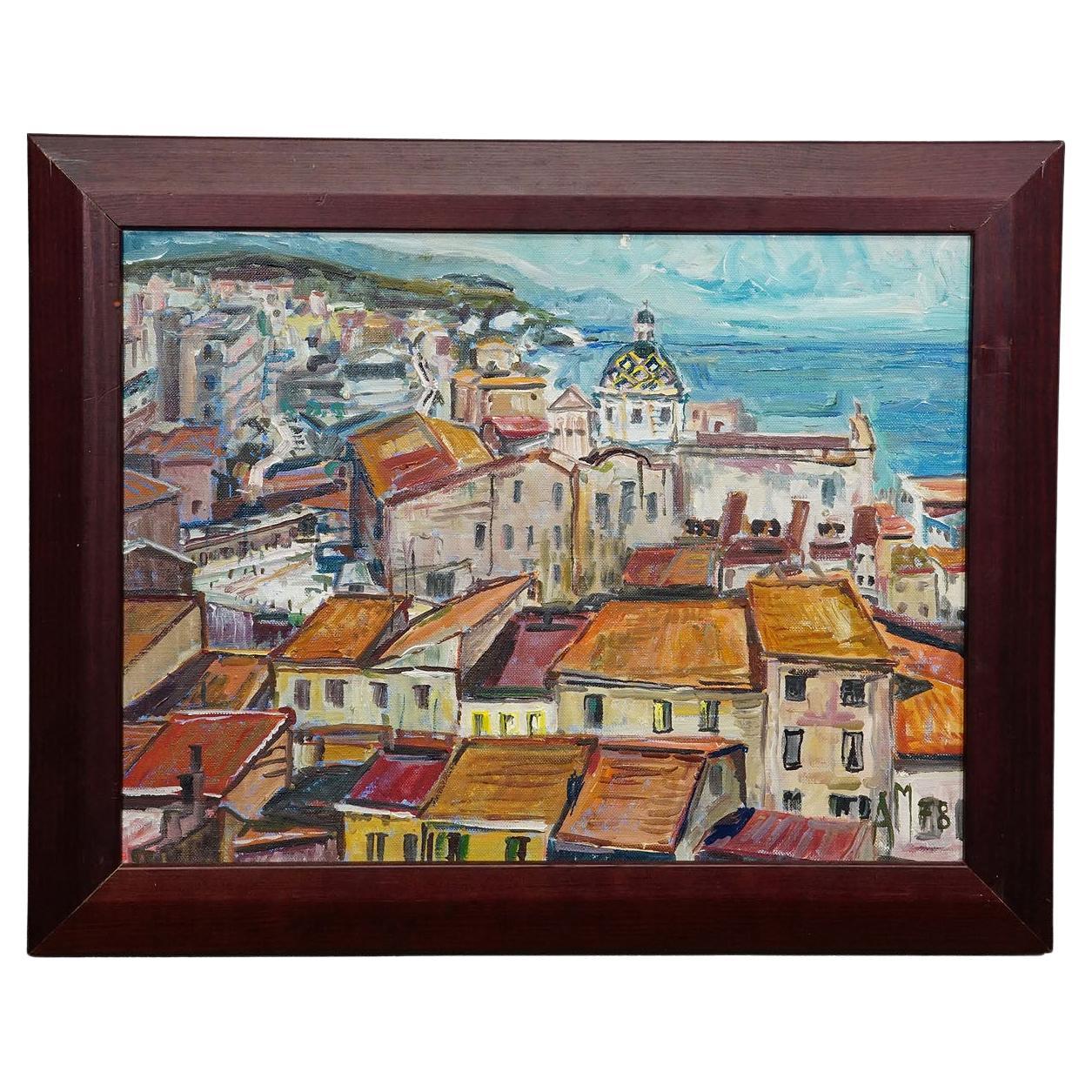 Alexander Michael Oil Painting of a Southern Italian Coastal Town, 1978