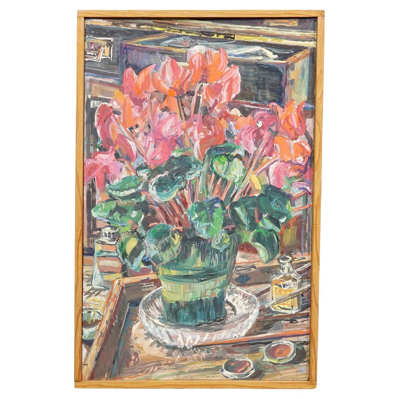 Alexander Michael Oil Painting of Cyclamen (Alpenveilchen), 1978 For Sale