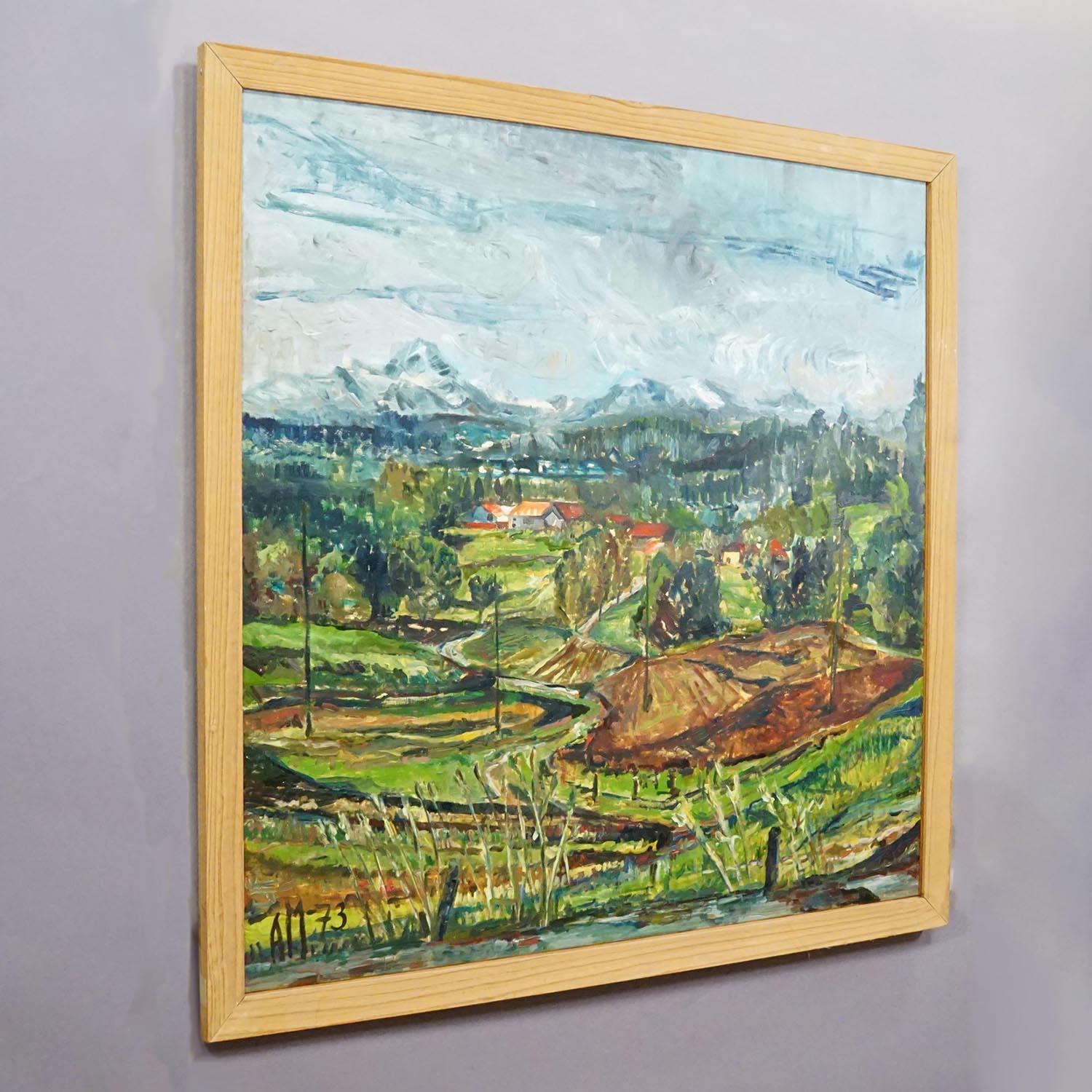 Alexander Michael Pintura al óleo de las estribaciones de los Alpes 1973

Un gran óleo que representa una escena paisajística en las estribaciones alpinas de Baviera, con una campiña exuberante y vibrante, con colinas onduladas, árboles y un pueblo