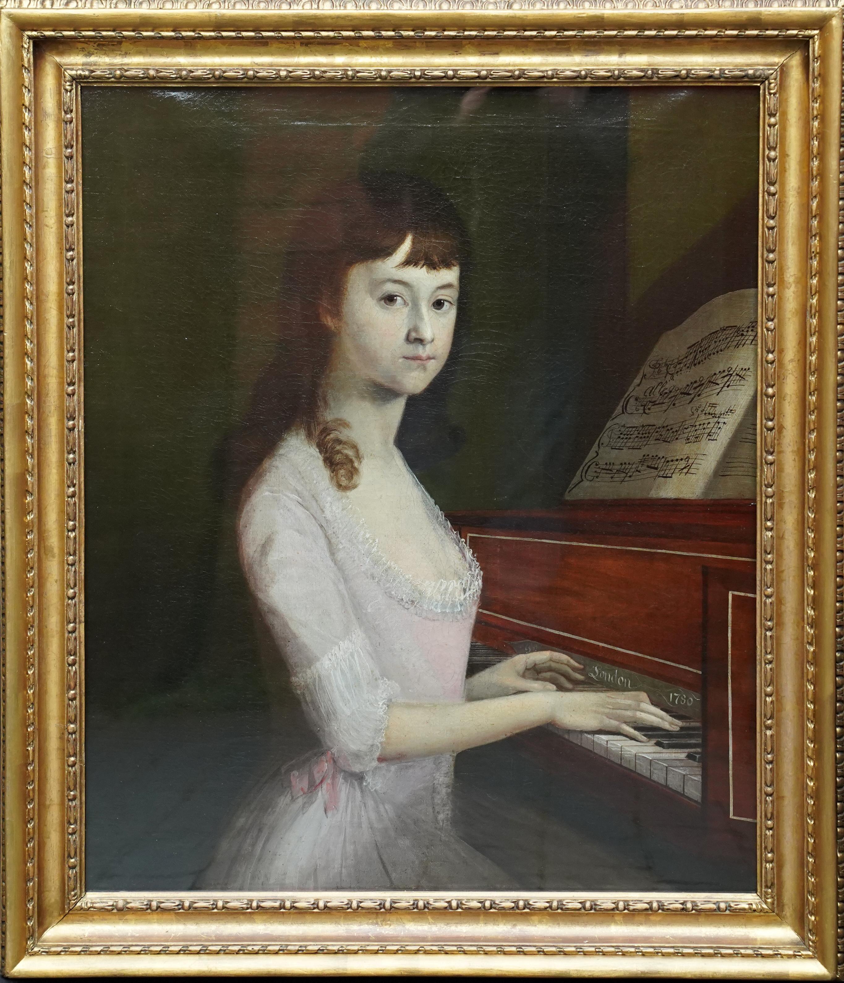 Portrait of Sarah Wagstaff Playing Piano - Scottish 18th century oil painting 5