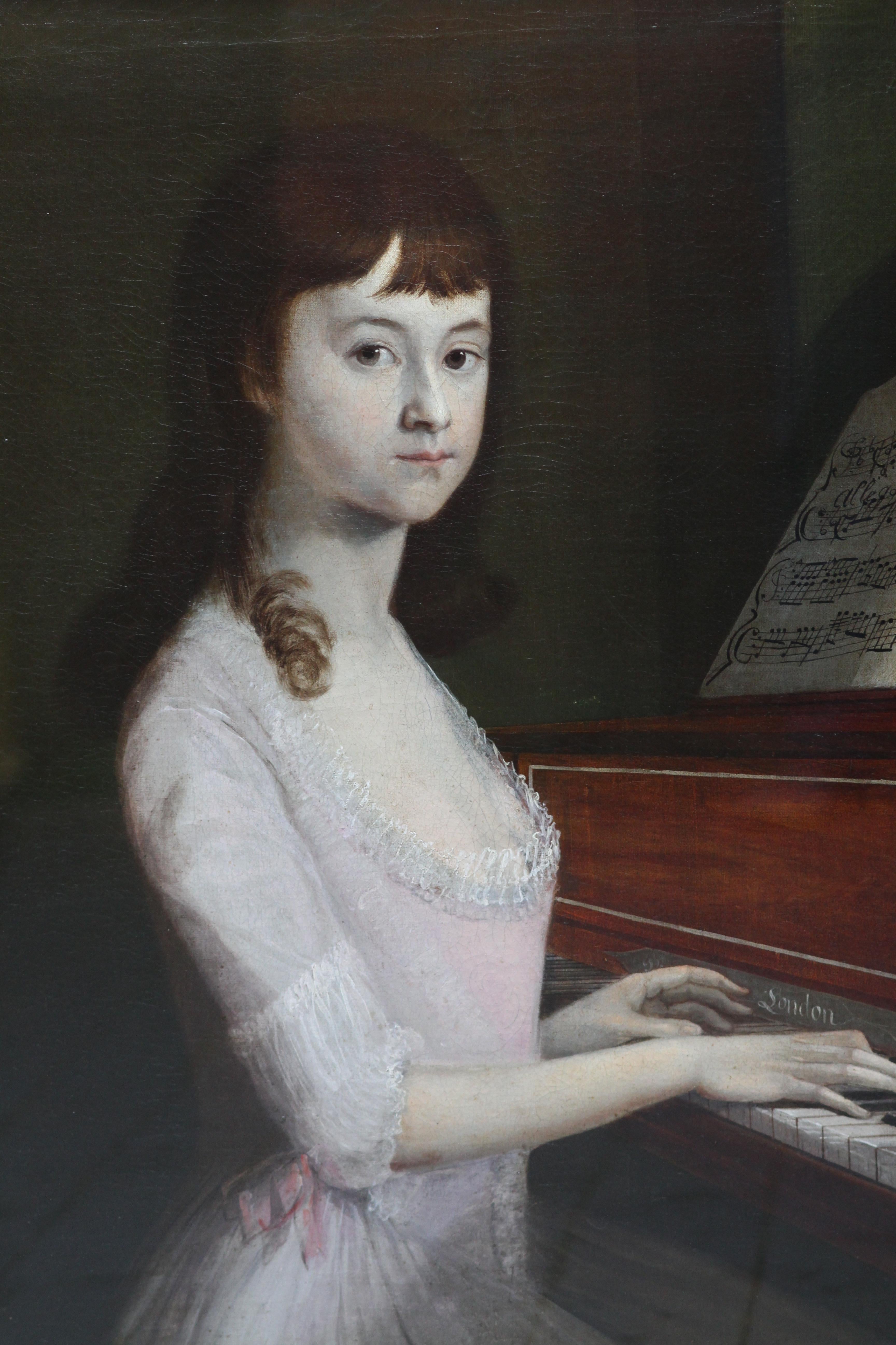Portrait of Sarah Wagstaff Playing Piano - Scottish 18th century oil painting - Old Masters Painting by Alexander Nasmyth (att)