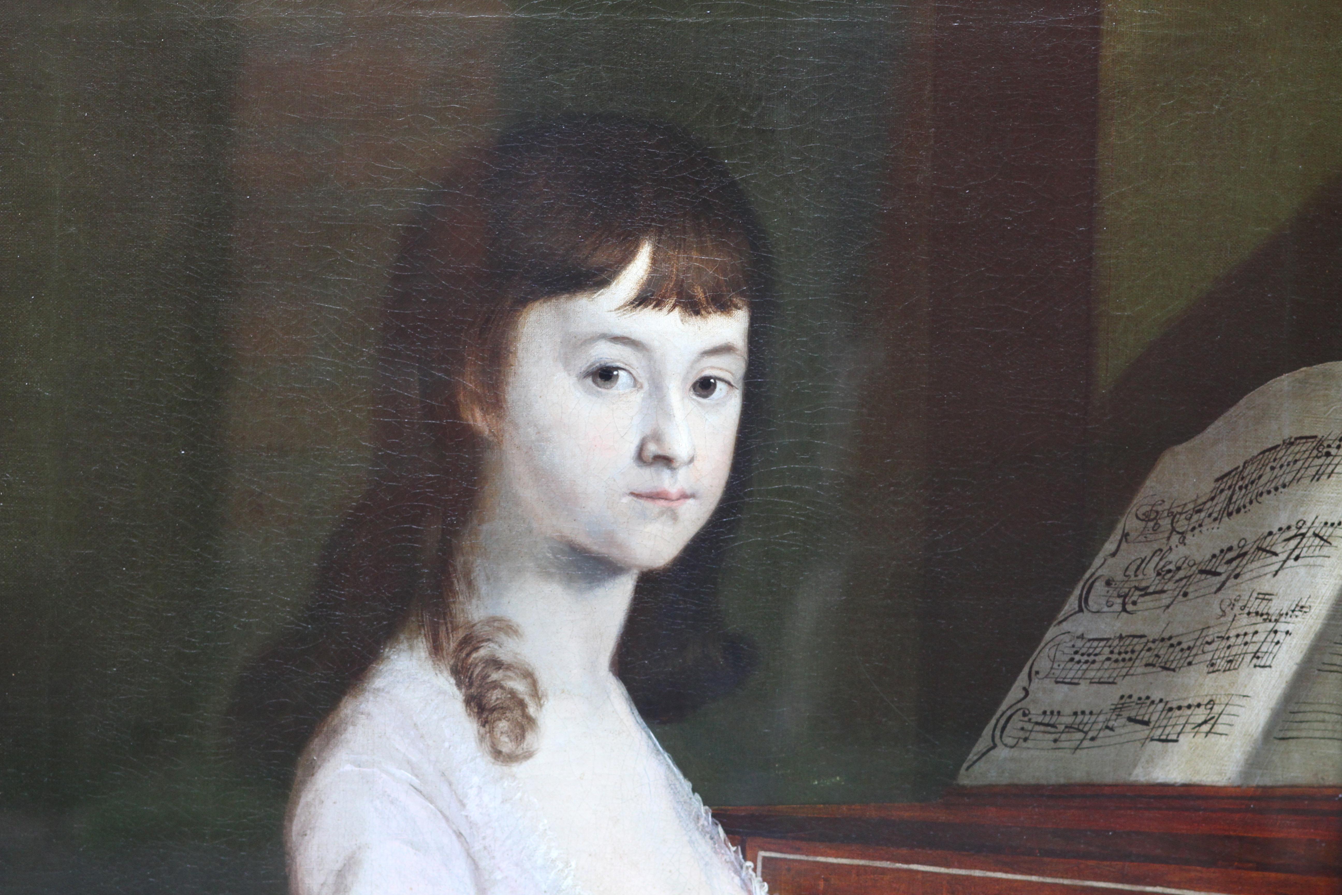Portrait of Sarah Wagstaff Playing Piano - Scottish 18th century oil painting - Black Interior Painting by Alexander Nasmyth (att)