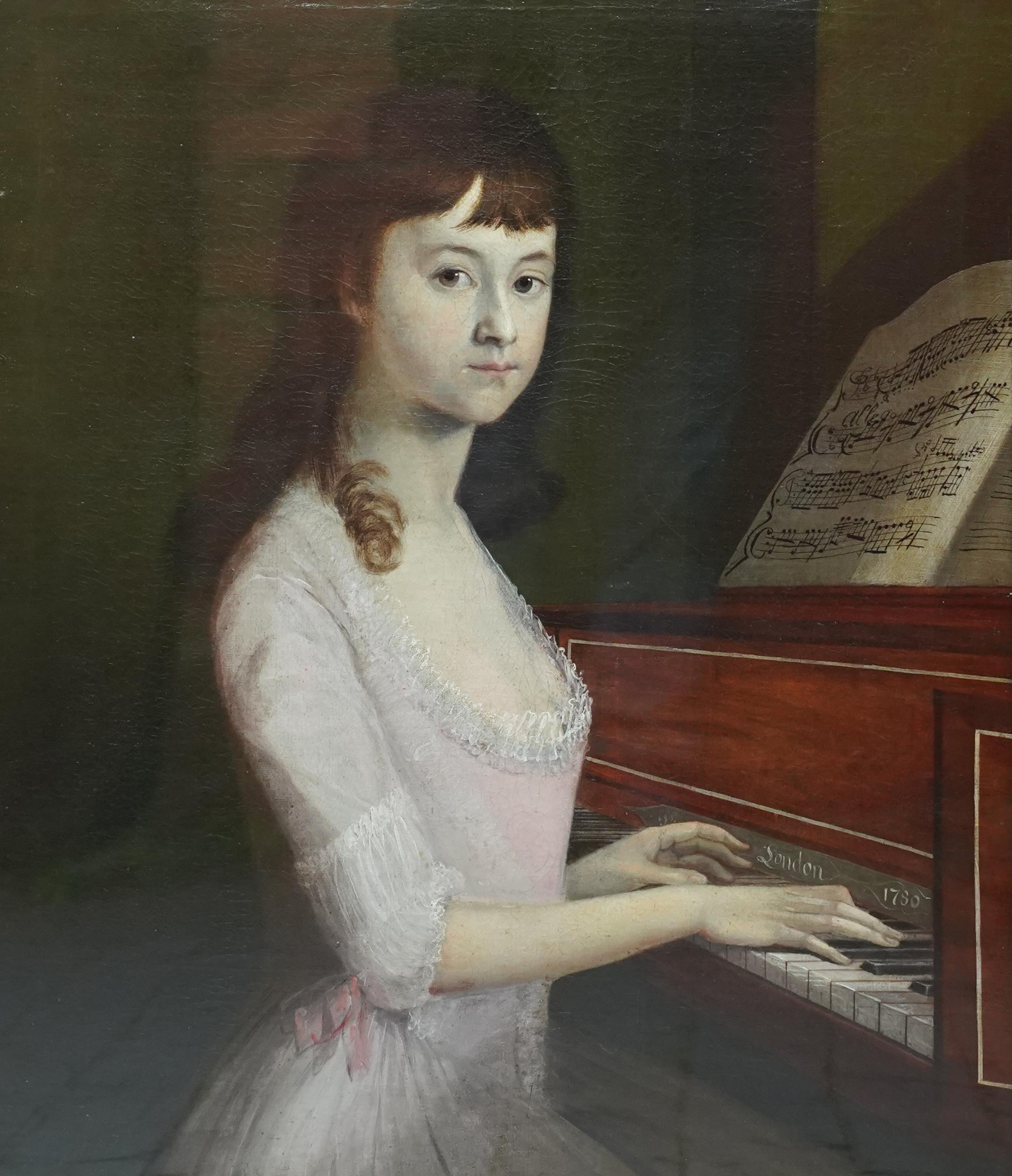 Portrait of Sarah Wagstaff Playing Piano - Scottish 18th century oil painting 4