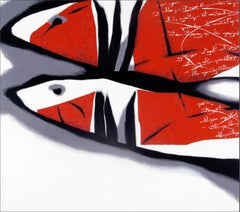"Buchstaben auf dem roten Fisch". Öl auf Leinwand, 100 x 110 cm