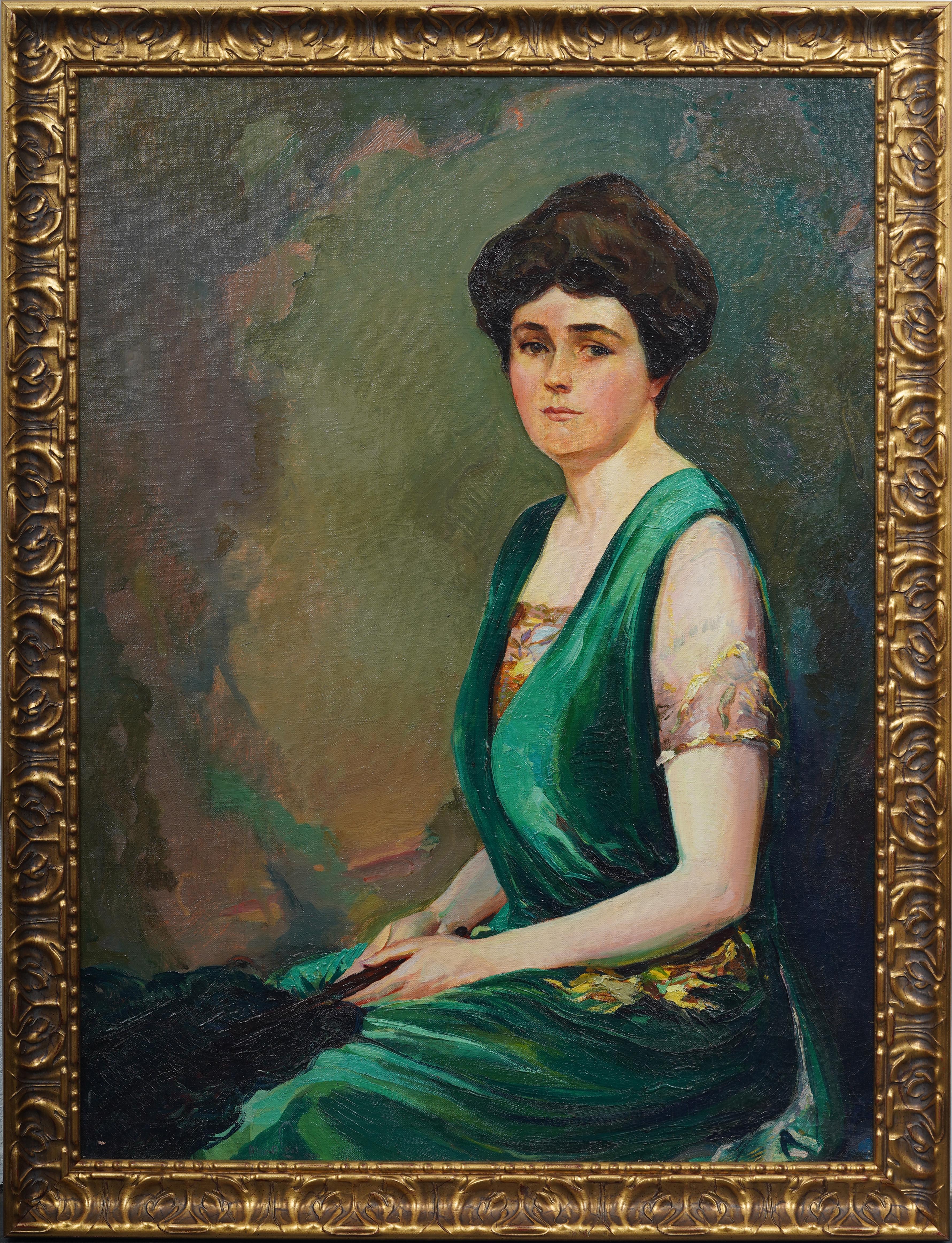 Pintura antigua impresionista americana enmarcada Retrato de mujer joven expuesto - Painting de Alexander Oscar Levy