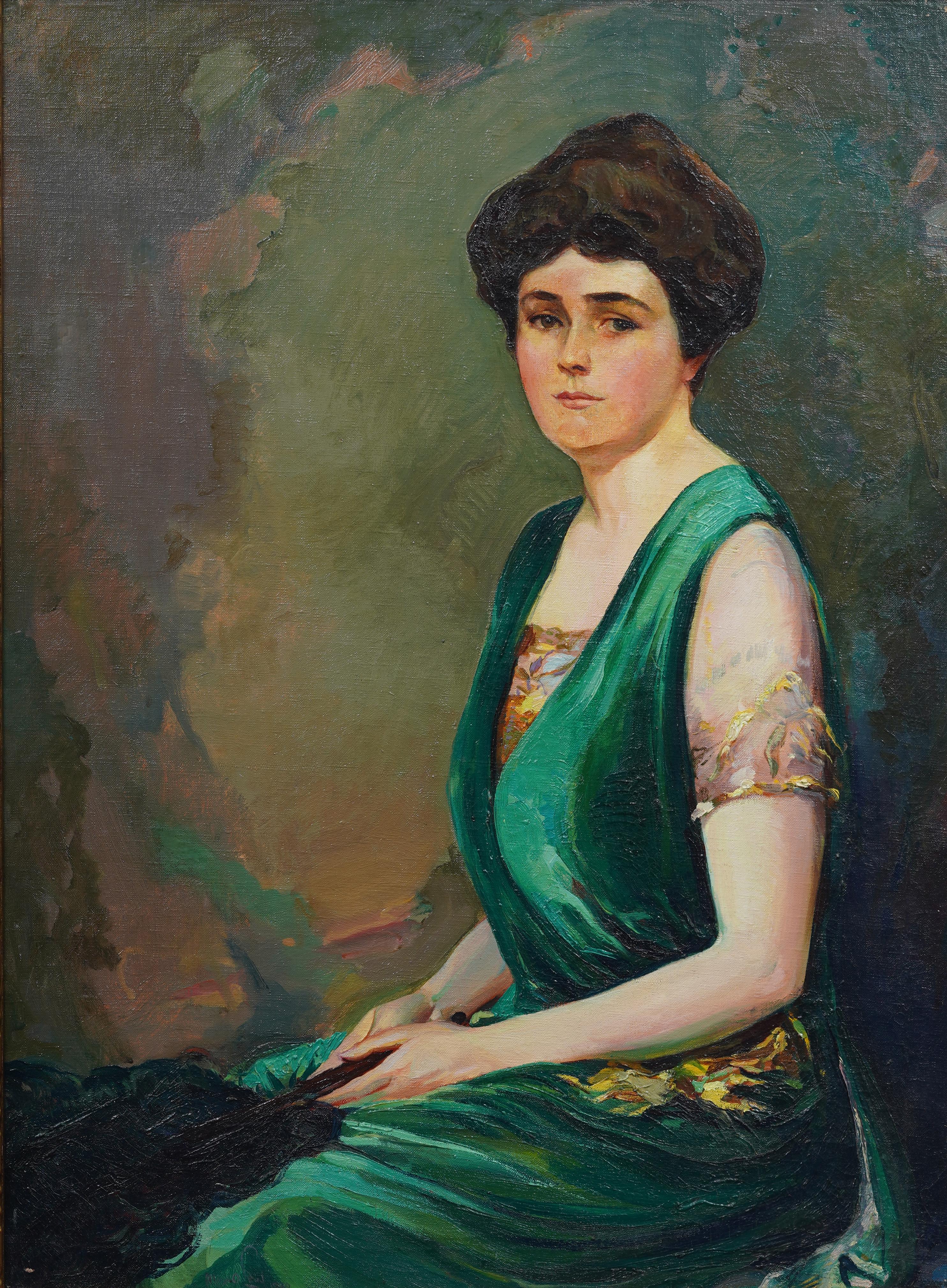Pintura antigua impresionista americana enmarcada Retrato de mujer joven expuesto - Painting Moderno de Alexander Oscar Levy