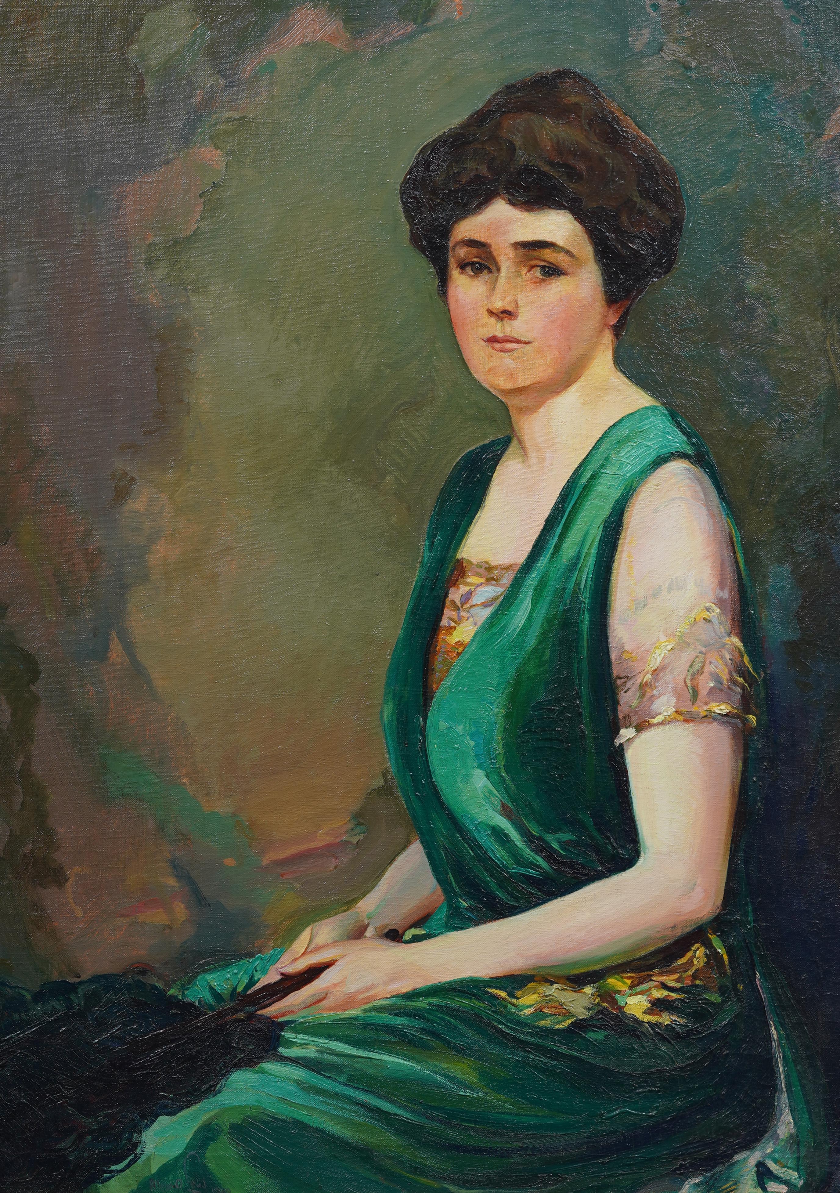 Pintura antigua impresionista americana enmarcada Retrato de mujer joven expuesto - Landscape Painting Negro de Alexander Oscar Levy