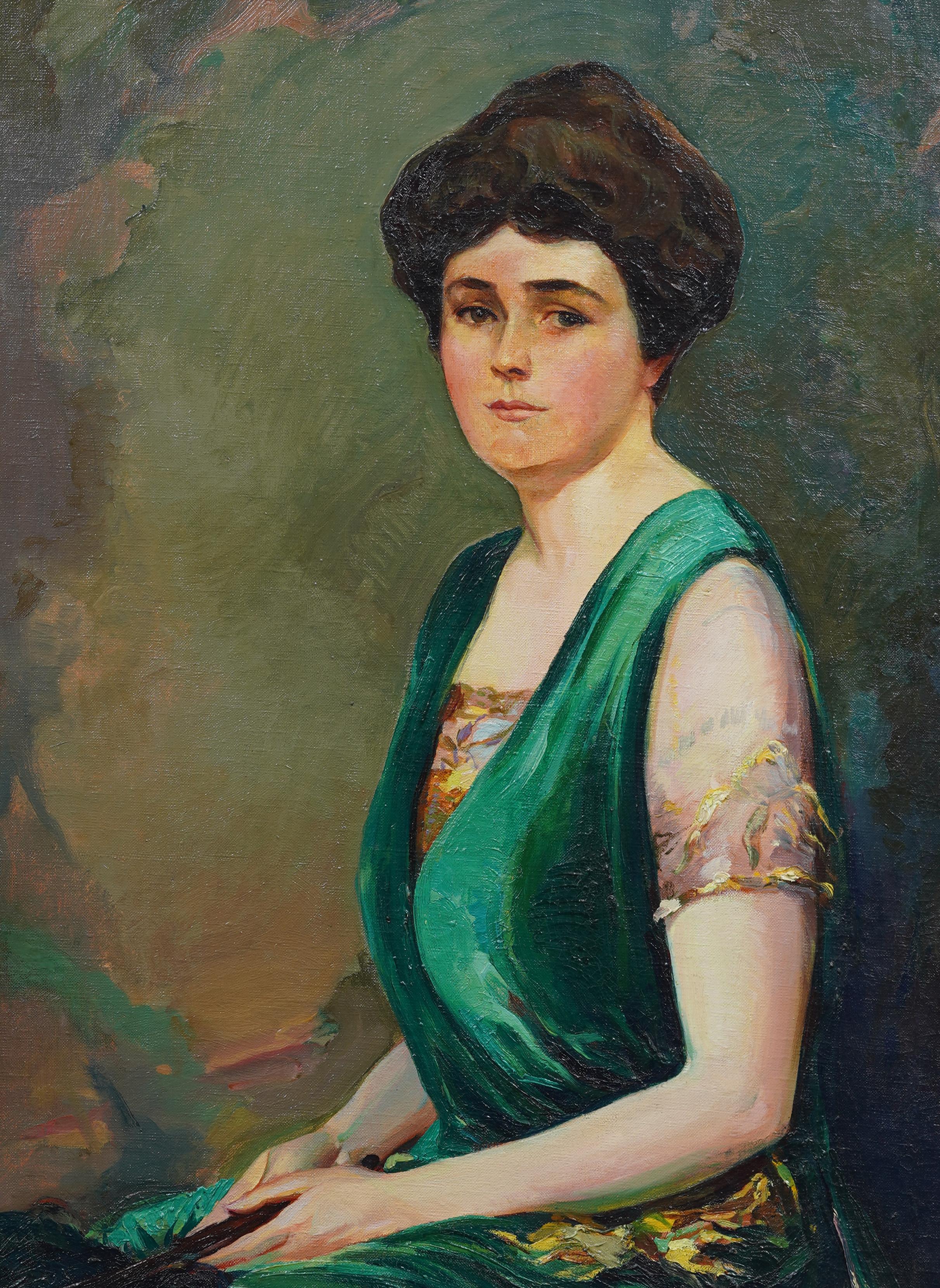 Pintura antigua impresionista americana enmarcada Retrato de mujer joven expuesto en venta 1