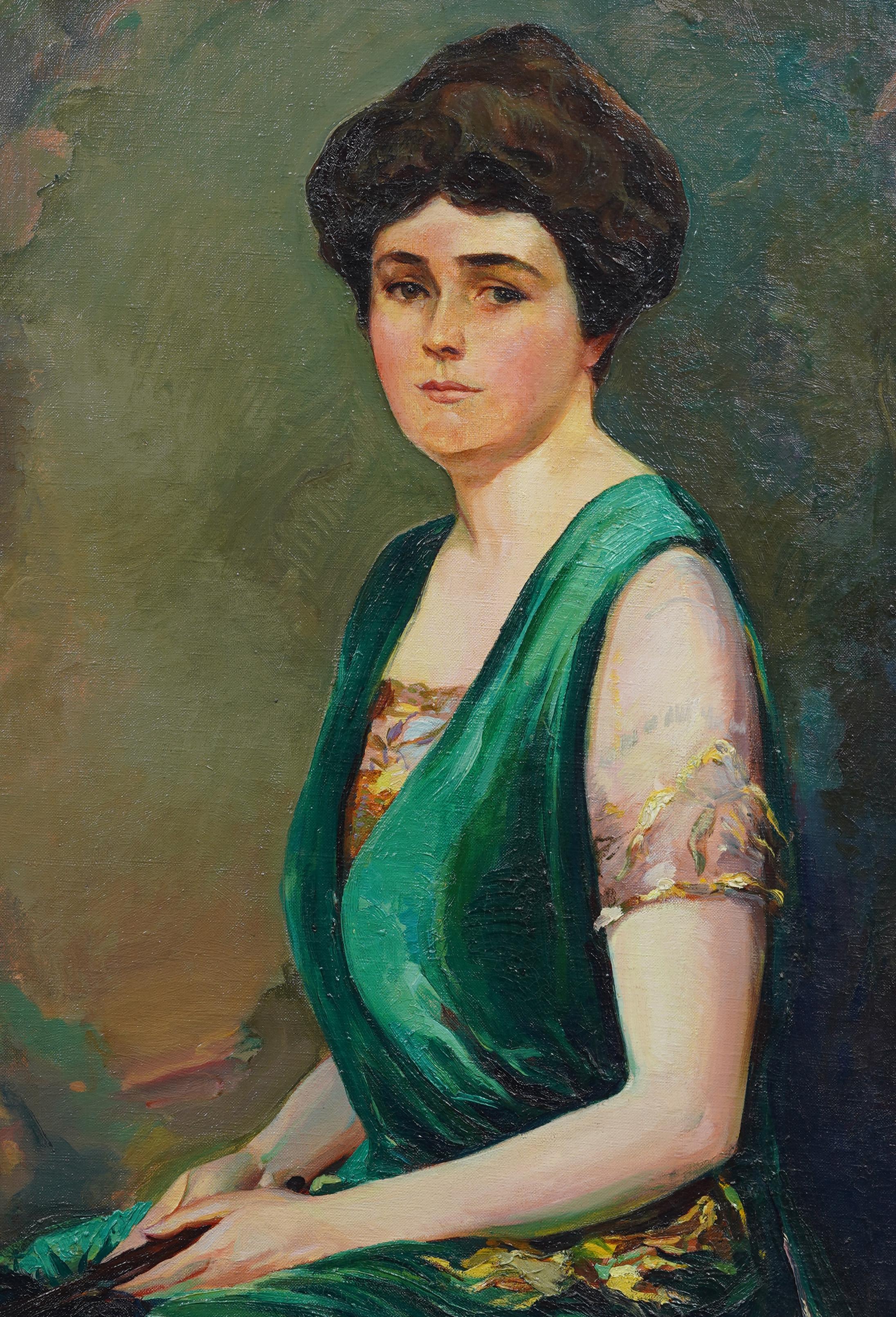 Pintura antigua impresionista americana enmarcada Retrato de mujer joven expuesto en venta 2